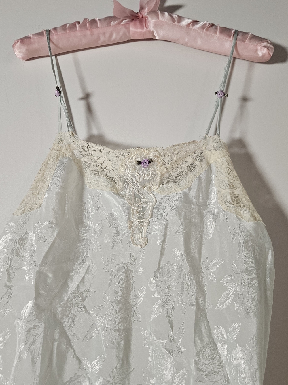 Vintage California Dynasty Pastel Mint Rose Jacquard Lace Chemise Slip Dress M